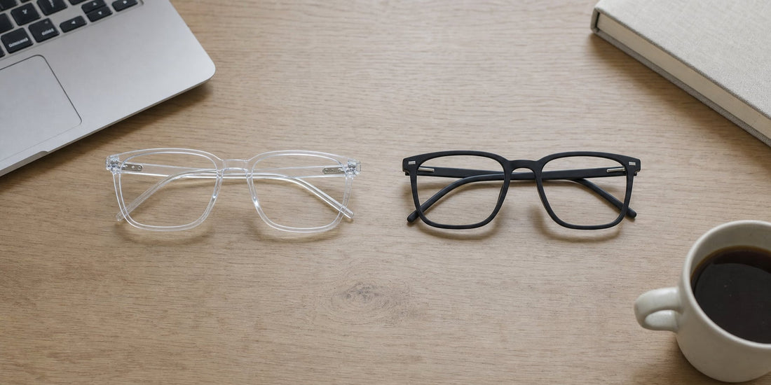 Gafas de luz azul LenBlu Transparente y Negro mate sobre un escritorio