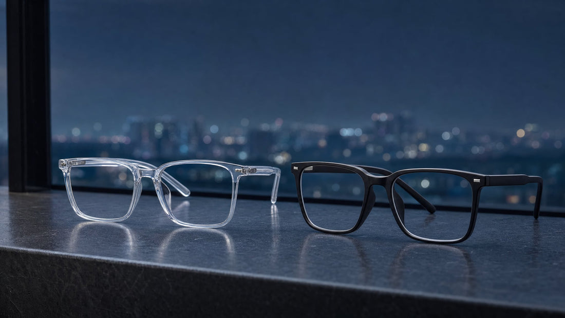 Gafas de luz azul LenBlu Transparente y Negro mate sobre una repisa de noche