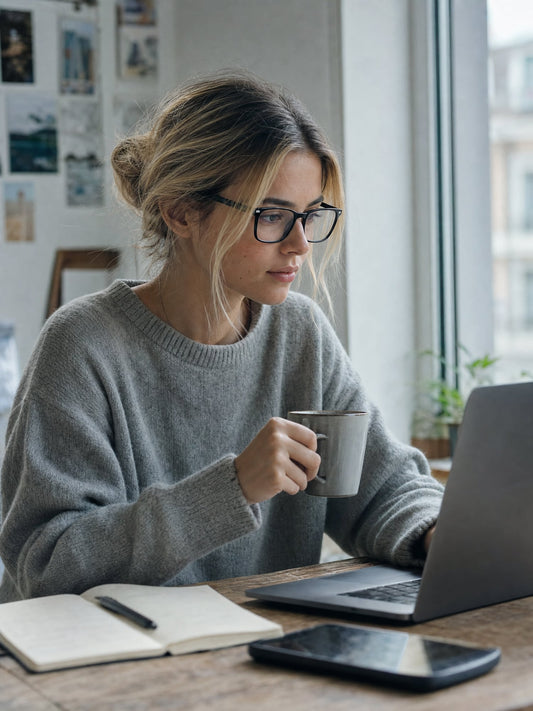 Chica con gafas para ordenador LenBlu Negro mate trabajando con el portátil