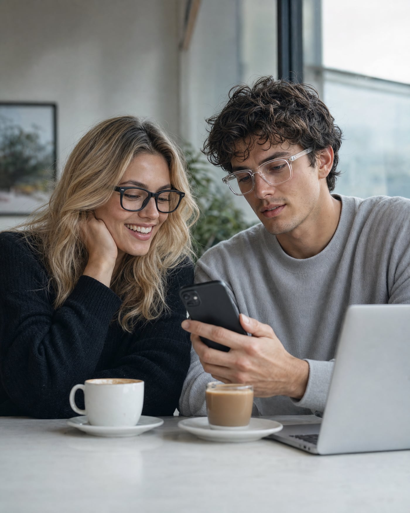 Pareja con gafas LenBlu: él con Transparente, ella con Negro mate