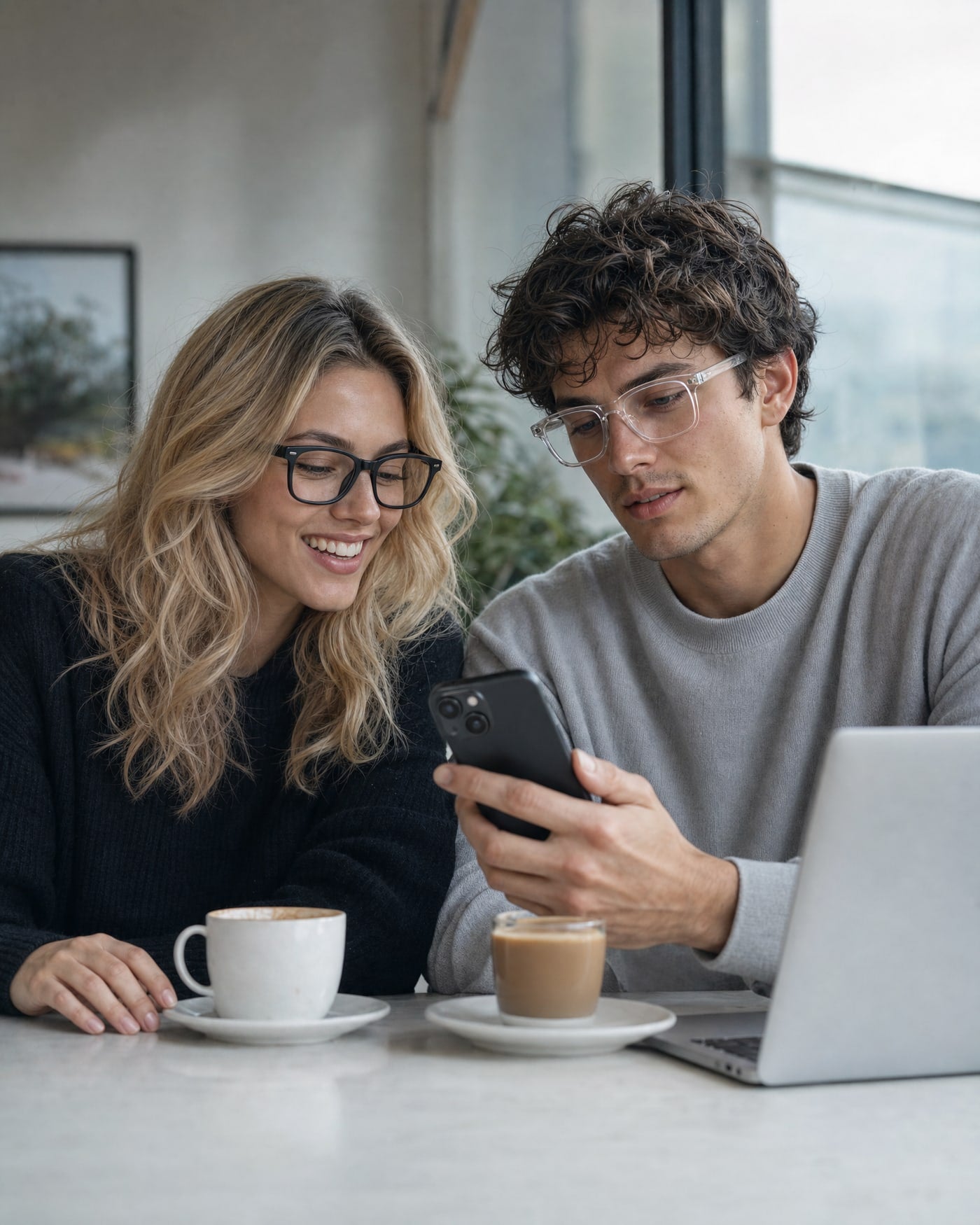 Pareja con gafas LenBlu: él con Transparente, ella con Negro mate